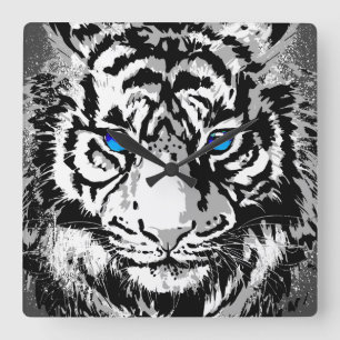Horloge Carrée Tigre blanc de Sibérie - Yeux bleu tigre
