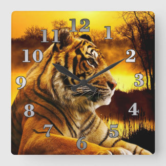 Horloge Carrée Tigre et coucher de soleil