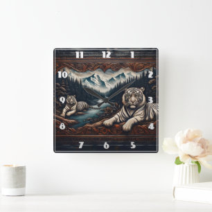 Horloge Carrée Tigres du Bengale dans les montagnes sereines