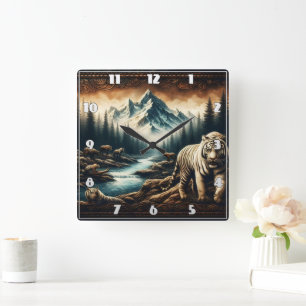Horloge Carrée Tigres du Bengale près du ruisseau de montagne en