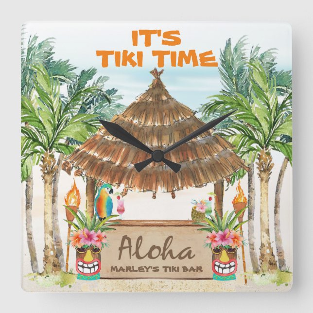 Horloge Carrée Tiki Luau | Tropical Beach Tiki Bar Aloha Carré (Recto)