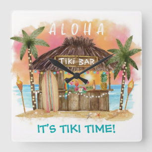 Horloge Carrée Tiki Time Tropical Beach Bar Surf & mer