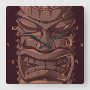 Horloge Carrée Tiki Wooden Totem Statute Wall Clock