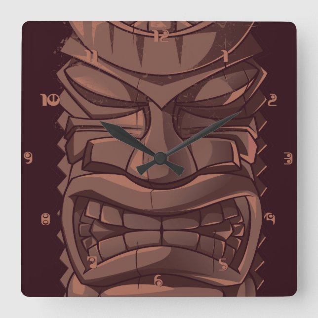 Horloge Carrée Tiki Wooden Totem Statute Wall Clock (Recto)