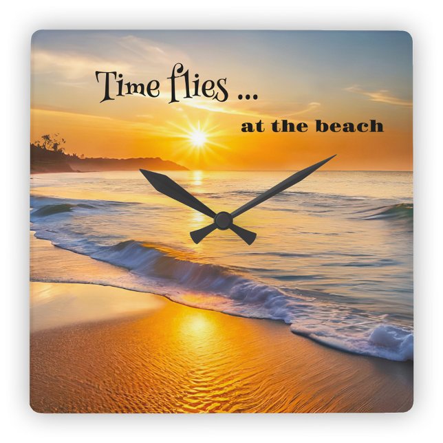 Horloge Carrée Time Flies Beach Sunset (Classic design wall clock featuring a sunset on the beach)