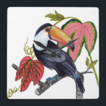 Horloge Carrée Toco Toucan<br><div class="desc">Toco Toucan I par Melissa Wang. Un toucan unique est perché sur une branche avec des feuilles tropicaux. | 164390Z</div>