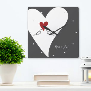 Horloge Carrée Toi et Moi - Oiseaux de l'Amour Moderne Simple Cœu