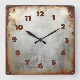 Horloge Carrée tôle d'acier vieillie