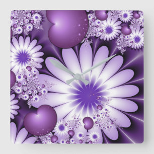 Horloge Carrée Tomber dans l'amour Fleurs Abstraites et Coeurs Fr