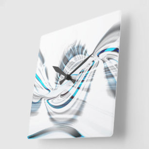 Horloge Carrée Tonces gris fumé et courbes chromées bleues sur bl