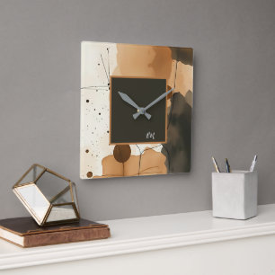 Horloge Carrée Tons neutres Monographie Abstraite biologique