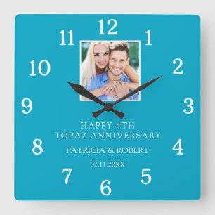Horloge Carrée Topaz 4e Anniversaire de Mariage Couple Nom Photo