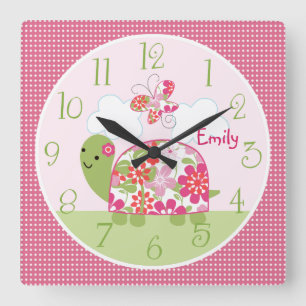 Horloge Carrée Tortue à fleurs roses/horloge papillon personnalis