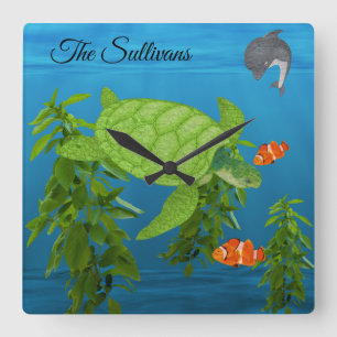 Horloge Carrée Tortue de mer personnalisée sous la mer
