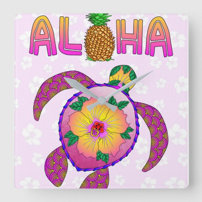 Horloge Carrée Tortue Tropicale Aloha (Recto)