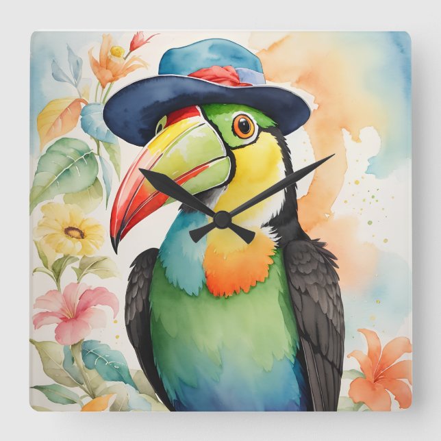 Horloge Carrée Toucan à bec-de-Keel en Casquette Fedora (Recto)