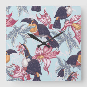 Horloge Carrée Toucans avec les fleurs exotiques