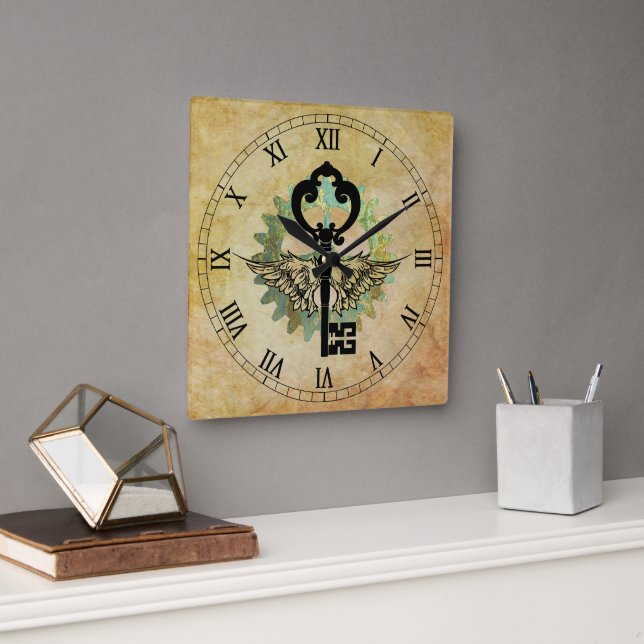 Horloge Carrée Touche aile Steampunk & Roue Cog (Bureau)