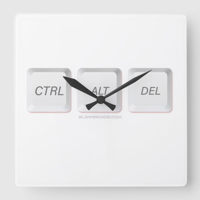 Horloge Carrée Touches CTRL ALT DEL de SlipperyJoe trois blanches (Recto)