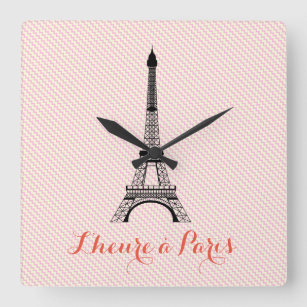 Horloge Carrée Tour Eiffel Paris chevron blanc rose