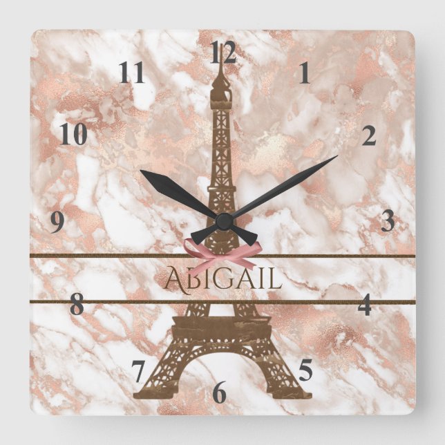 Horloge Carrée Tour Eiffel personnalisée Blanc, marbre or Rose (Recto)