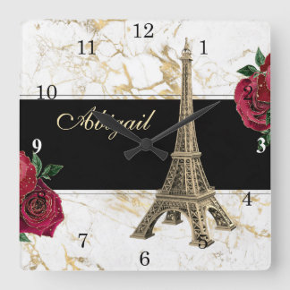 Horloge Carrée Tour Eiffel personnalisée Or, Rose Marbre blanc