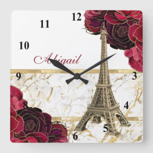 Horloge Carrée Tour Eiffel personnalisée Or, Rose Marbre blanc