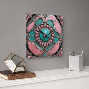 Horloge Carrée Tourmaline et turquoise ornées en argent