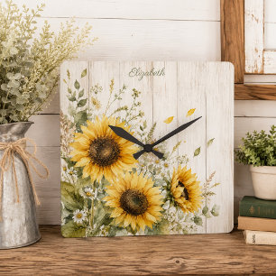 Horloge Carrée Tournesol aquarelle rustique Ferme florale