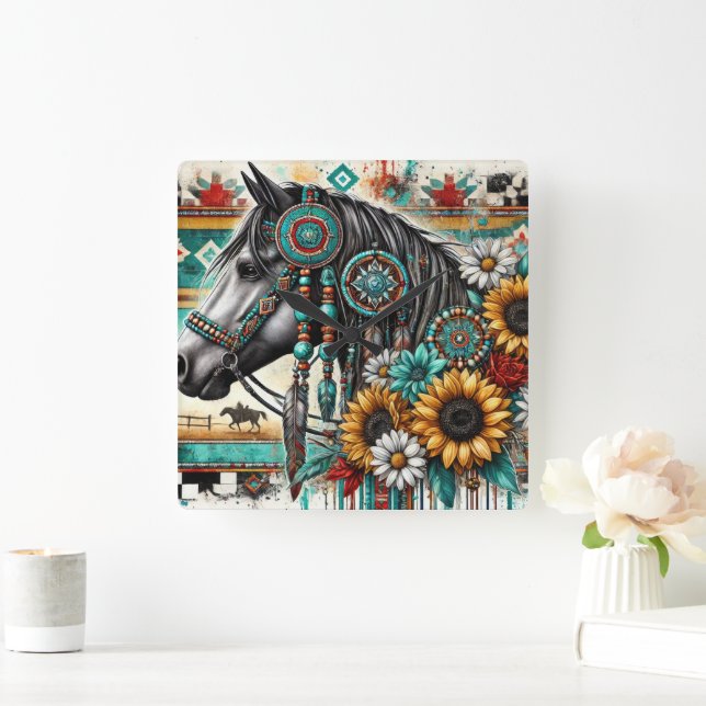 Horloge Carrée Tournesol Boho Horse (Maison)