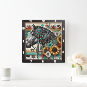 Horloge Carrée Tournesol Boho Horse