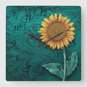 Horloge Carrée Tournesol jaune en cuir turquoise