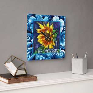 Horloge Carrée Tournesol la nuit Fleur Floral Personnalisé