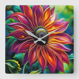 Horloge Carrée Tournesol rouge et doré