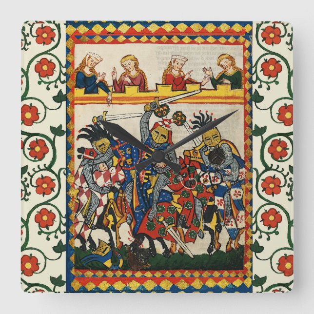 HORLOGE CARRÉE TOURNOI MÉDIÉVAL, COMBATTRE DES CHEVALIERS ET DES  (Recto)