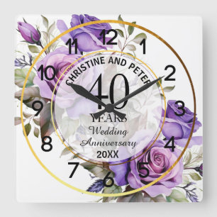 Horloge Carrée Tout mariage cadre or rose violet Anniversaire 