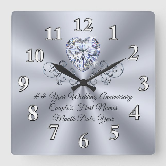 Horloge Carrée Toute année Cadeaux personnalisés Mariage diamant  (Recto)