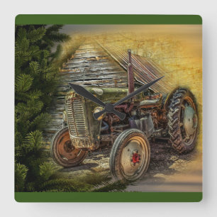 Horloge Carrée Tracteur vert vintage grange rustique ancienne