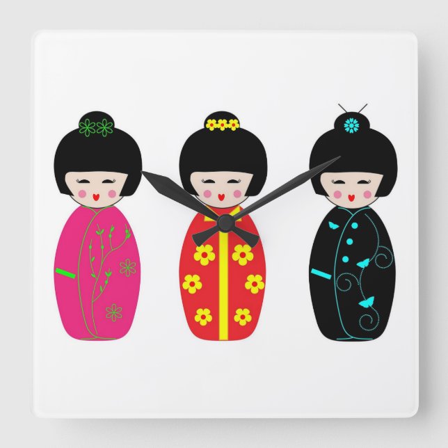 Horloge Carrée Traditional Japanese Kokeshi Geisha Dolls (Recto)