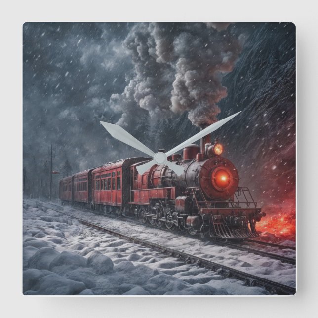 Horloge Carrée Train à neige vintage (Recto)