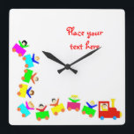 Horloge Carrée Train heureux d'enfants<br><div class="desc">Train complètement des enfants heureux. Le grand espace de copie. Perfectionnez comme carte de voeux ou invitation aux parties et aux anniversaires. Bonheur,  amitié,  concept de joie.</div>
