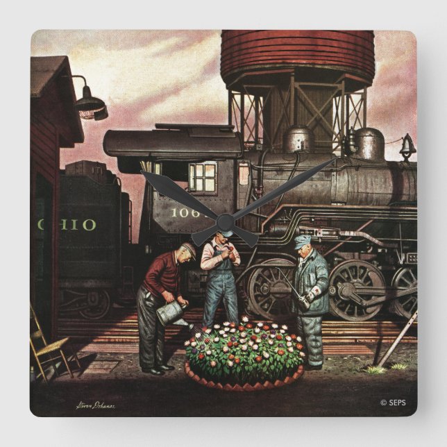 Horloge Carrée Train Yard Flower Garden par Stevan Dohanos (Recto)