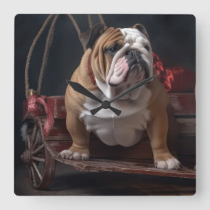 Horloge Carrée Traîneau enneigé de Noël Bouledogue