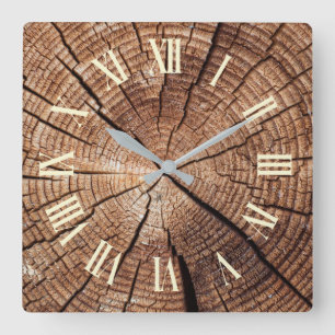 Horloge Carrée Tranche de Bois Rustique Chiffre Romain
