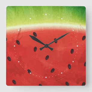 Horloge Carrée Tranche de pastèque géante à l'aquarelle mignonne 