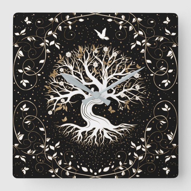Horloge Carrée Tree of Life - Yggdrasil - black white and gold (Recto)