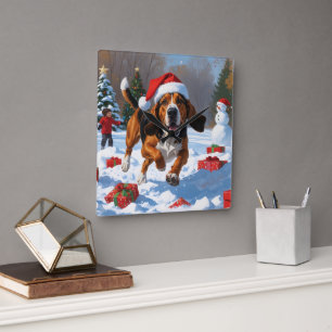 Horloge Carrée Treeing Walker Coonhound neige avec chapeau de Noë