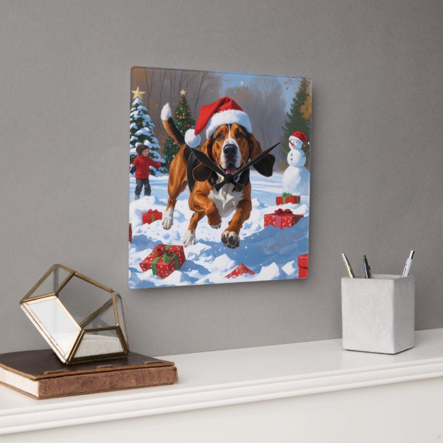 Horloge Carrée Trek Walker Coonhound Neige avec Casquette de Noël (Bureau)