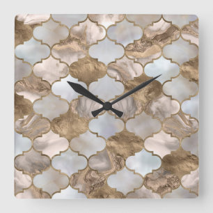 Horloge Carrée Trellis marocain Marbre blanc et or