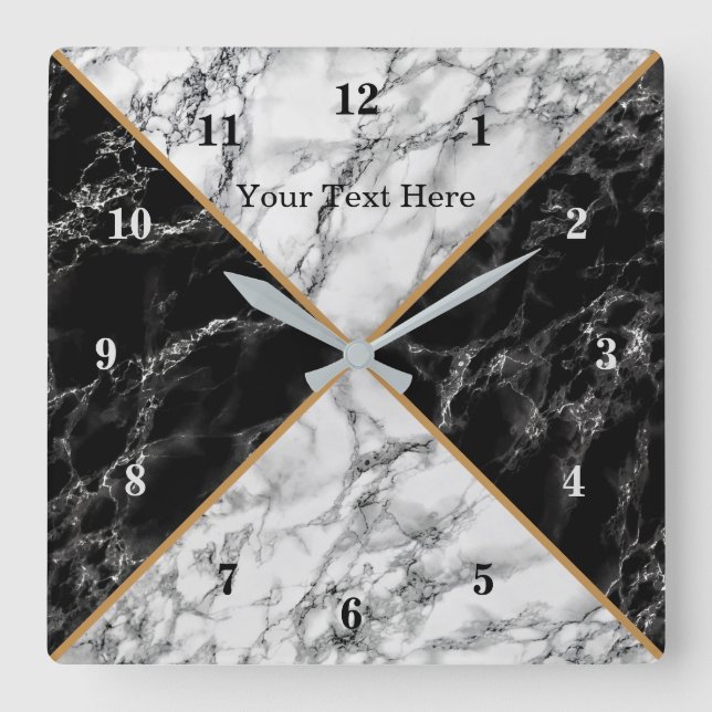 Horloge Carrée Trendy Black & White Check Marble - Add Your Text (Recto)